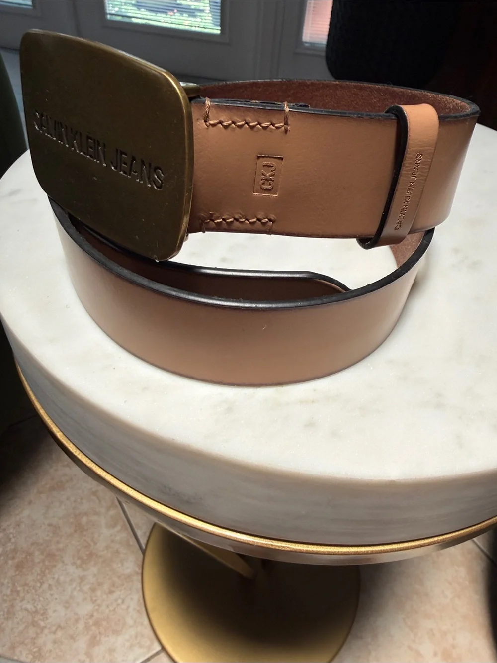 Calvin Klein Jeans Tan Leather Belt with Brass Logo Plaque